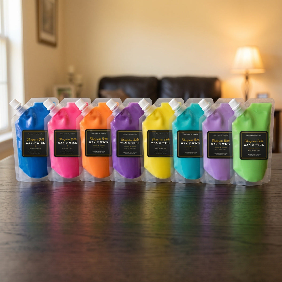 Bluegrass Belle squeeze wax melt pouches in assorted colors