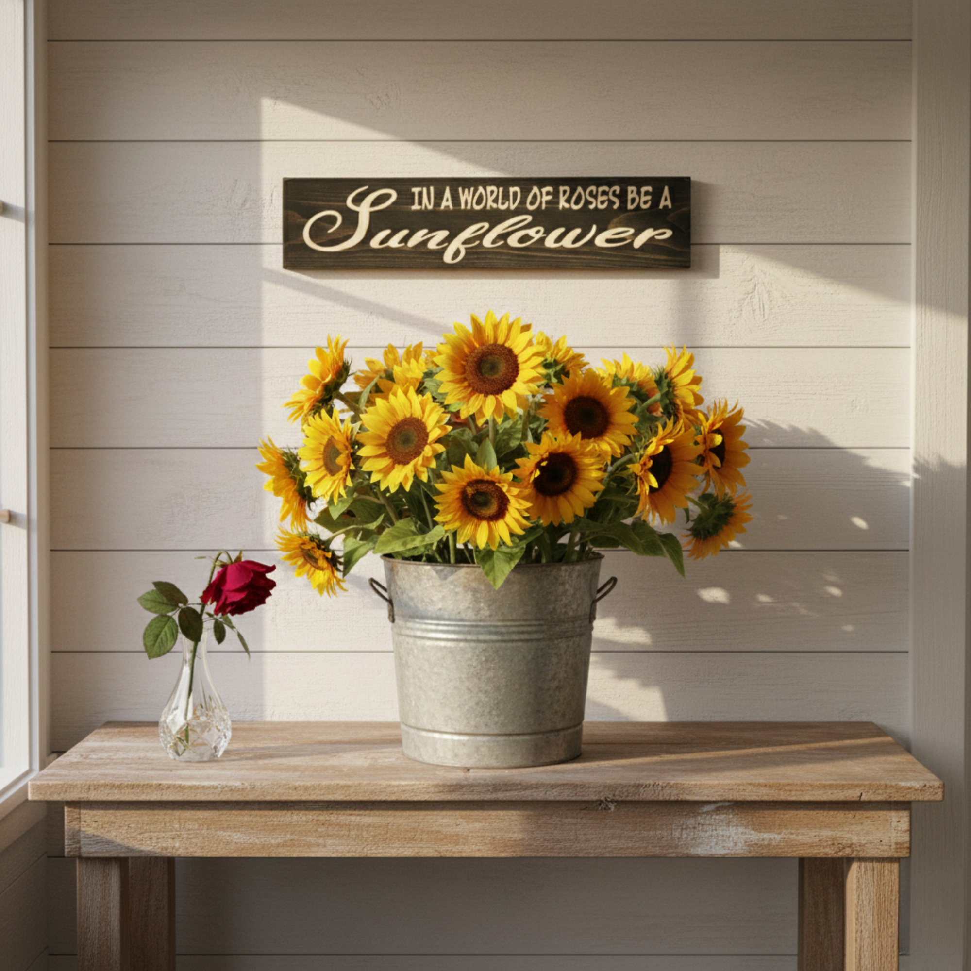 Handcrafted sunflower wood sign displayed on a table alongside fresh sunflowers, showcasing a boho farmhouse aesthetic for home decor by Bluegrass Gifts.