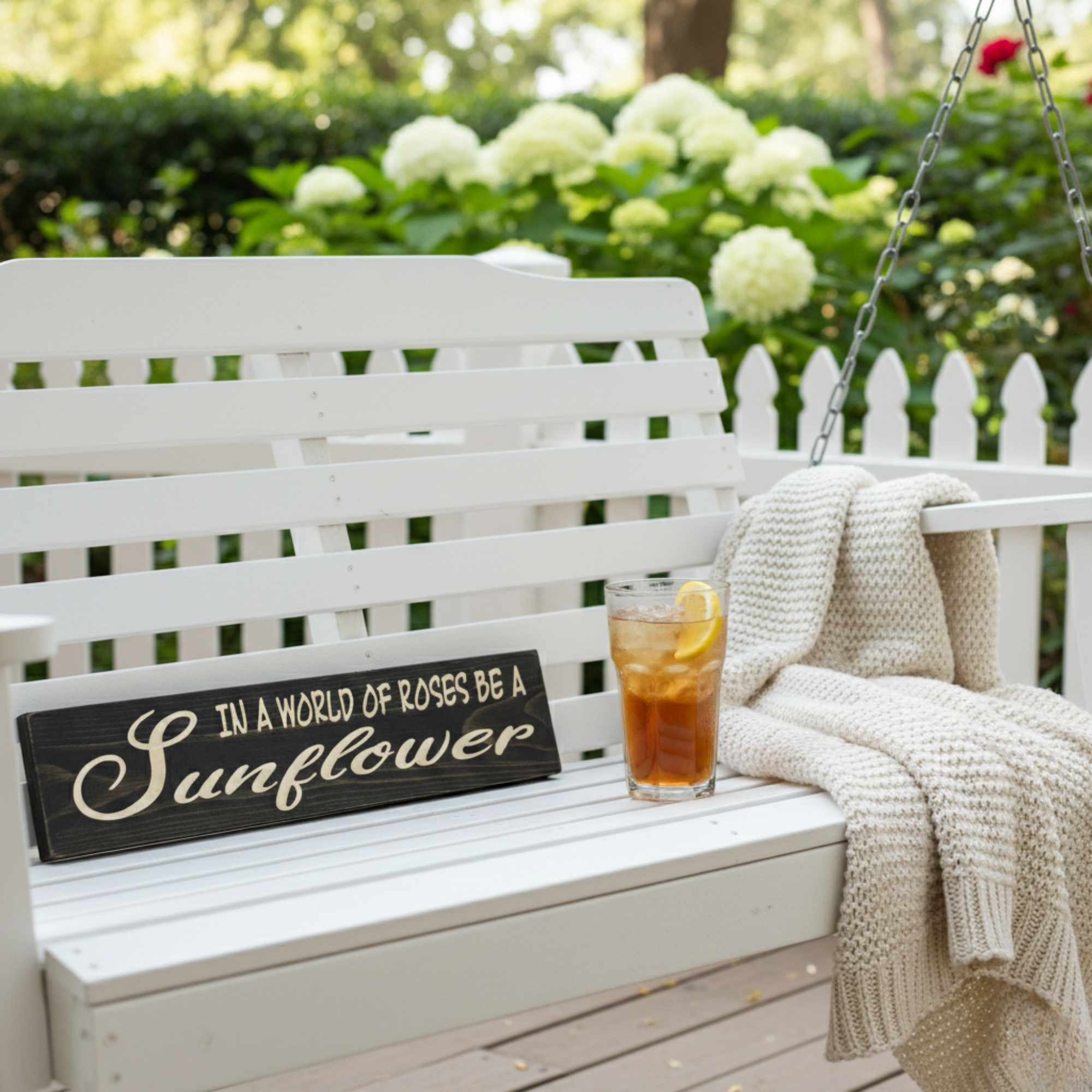 The In a World of Roses Be a Sunflower sign sitting on a white porch swing with a glass of iced tea, emphasizing a rustic, outdoor living aesthetic.