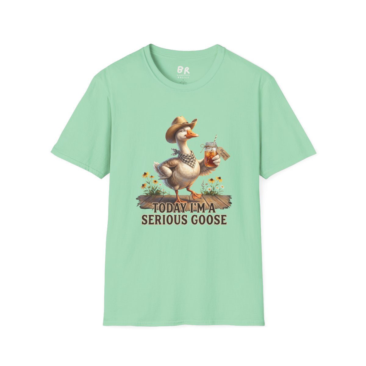 Front view of the mint green Sweet Tea Shirt - Today I'm a Serious Goose tee, laid flat on a white background