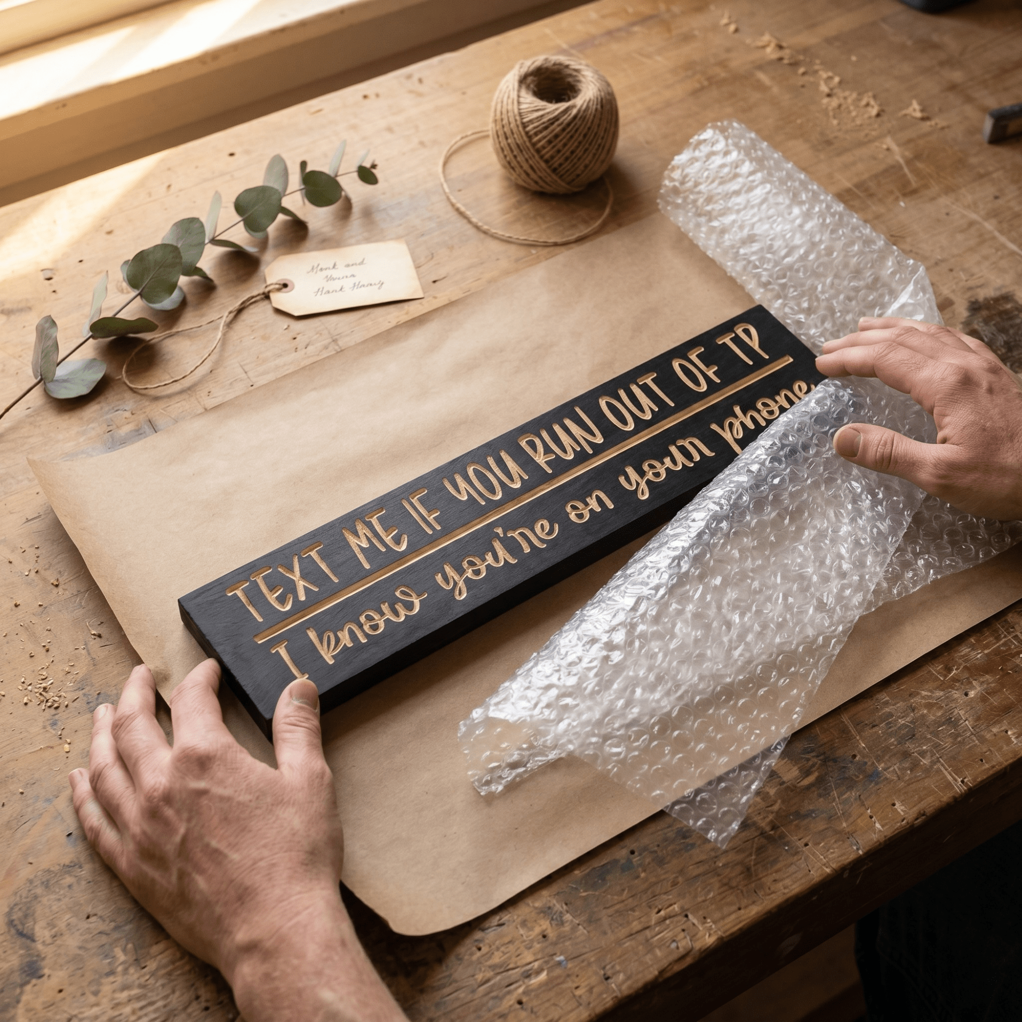 Text Me If You Run Out of TP funny bathroom sign being hand-wrapped in kraft paper and bubble wrap on a sunlit workbench at the Bluegrass Gifts Kentucky workshop
