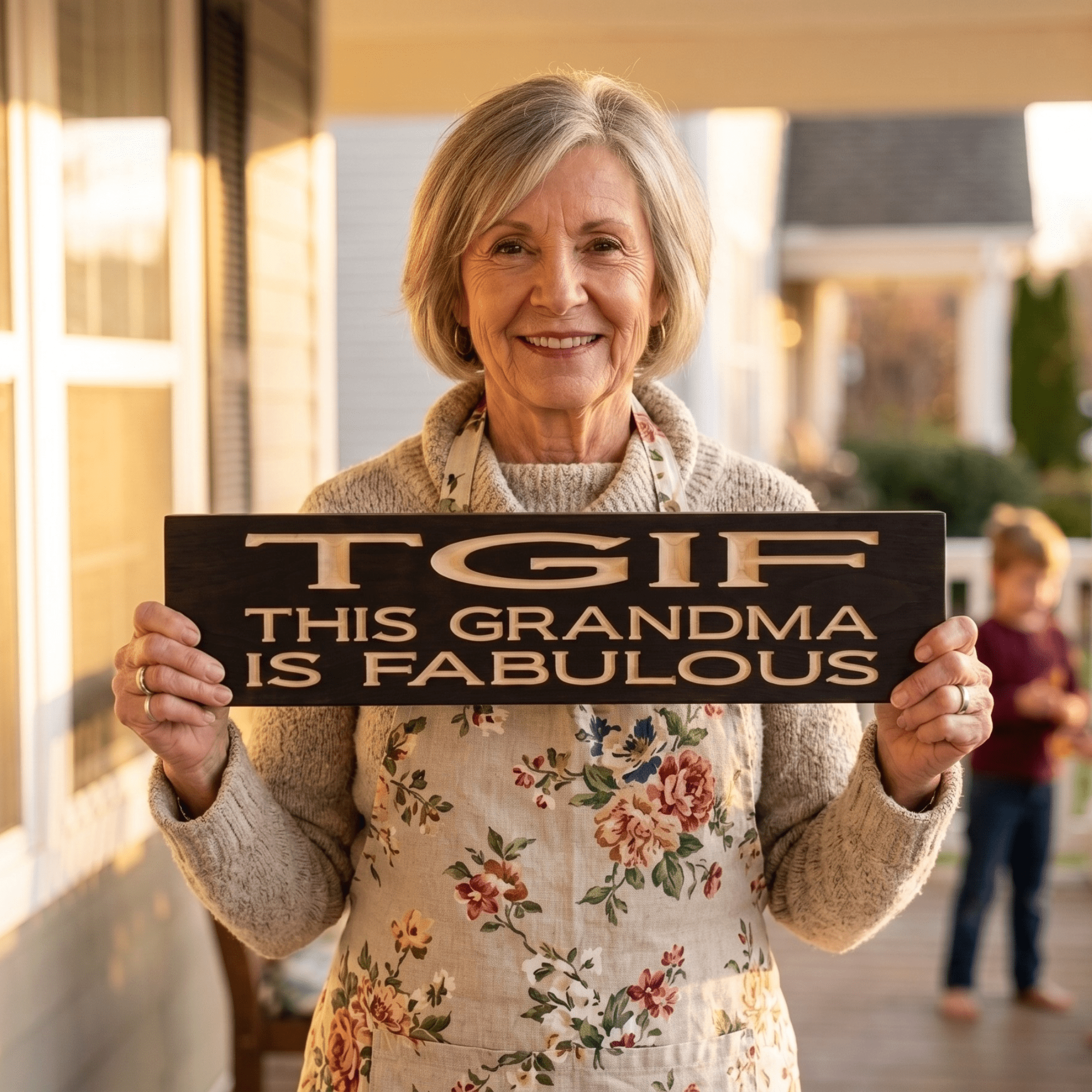 Smiling grandmother on a front porch holding the TGIF This Grandma Is Fabulous CNC-carved wood sign, a perfect Mother's Day gift from grandkids