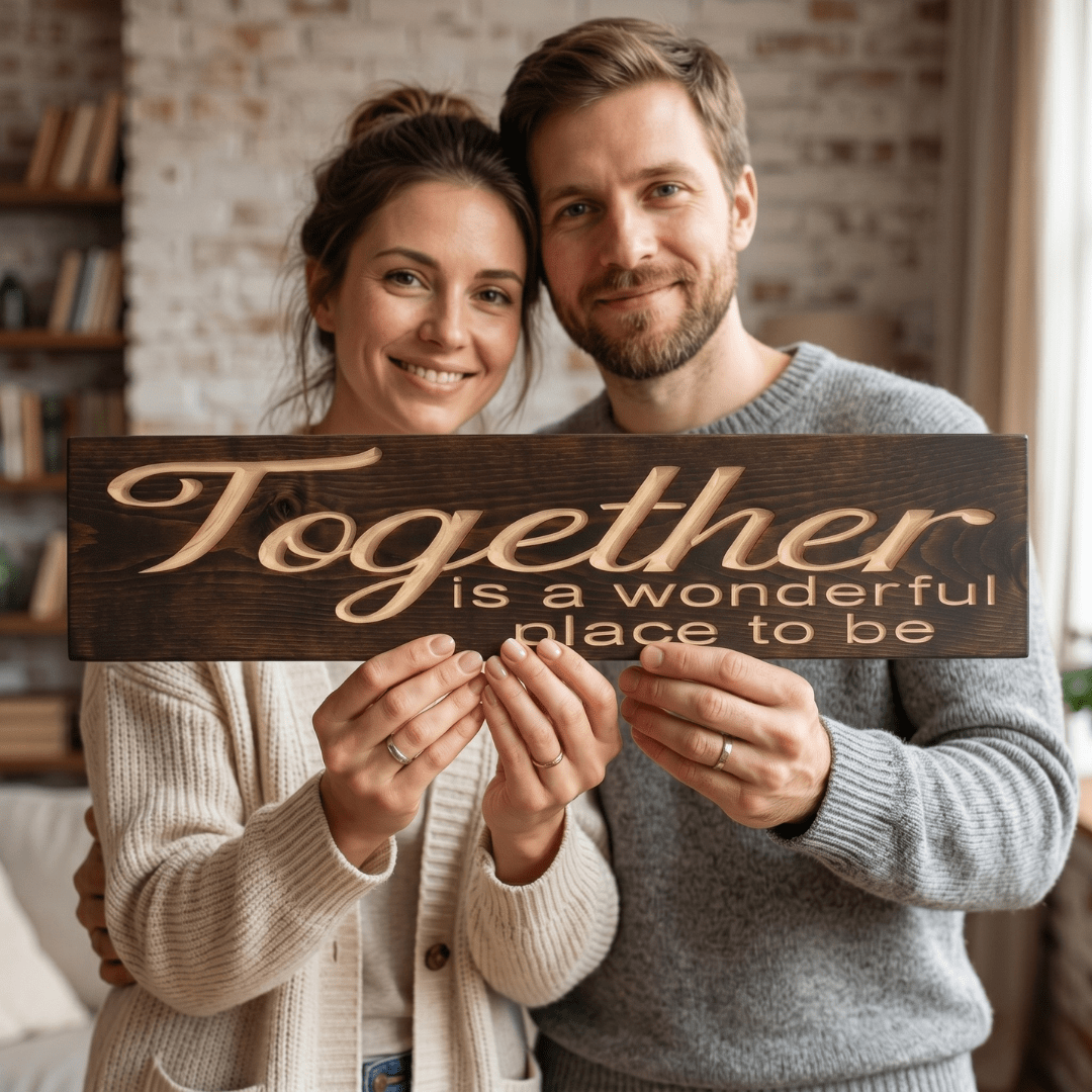 Smiling couple wearing wedding rings holding the Together is a Wonderful Place to Be CNC-carved wood sign as a heartfelt anniversary or wedding gift