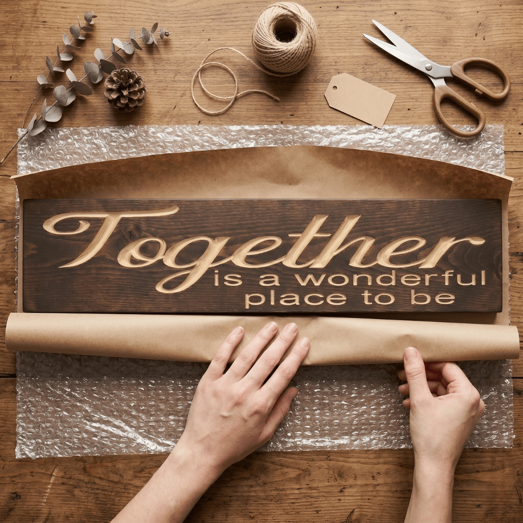 Together is a Wonderful Place to Be carved wood sign being gift wrapped in kraft paper with twine, eucalyptus, and a blank tag for a couple's anniversary or wedding gift