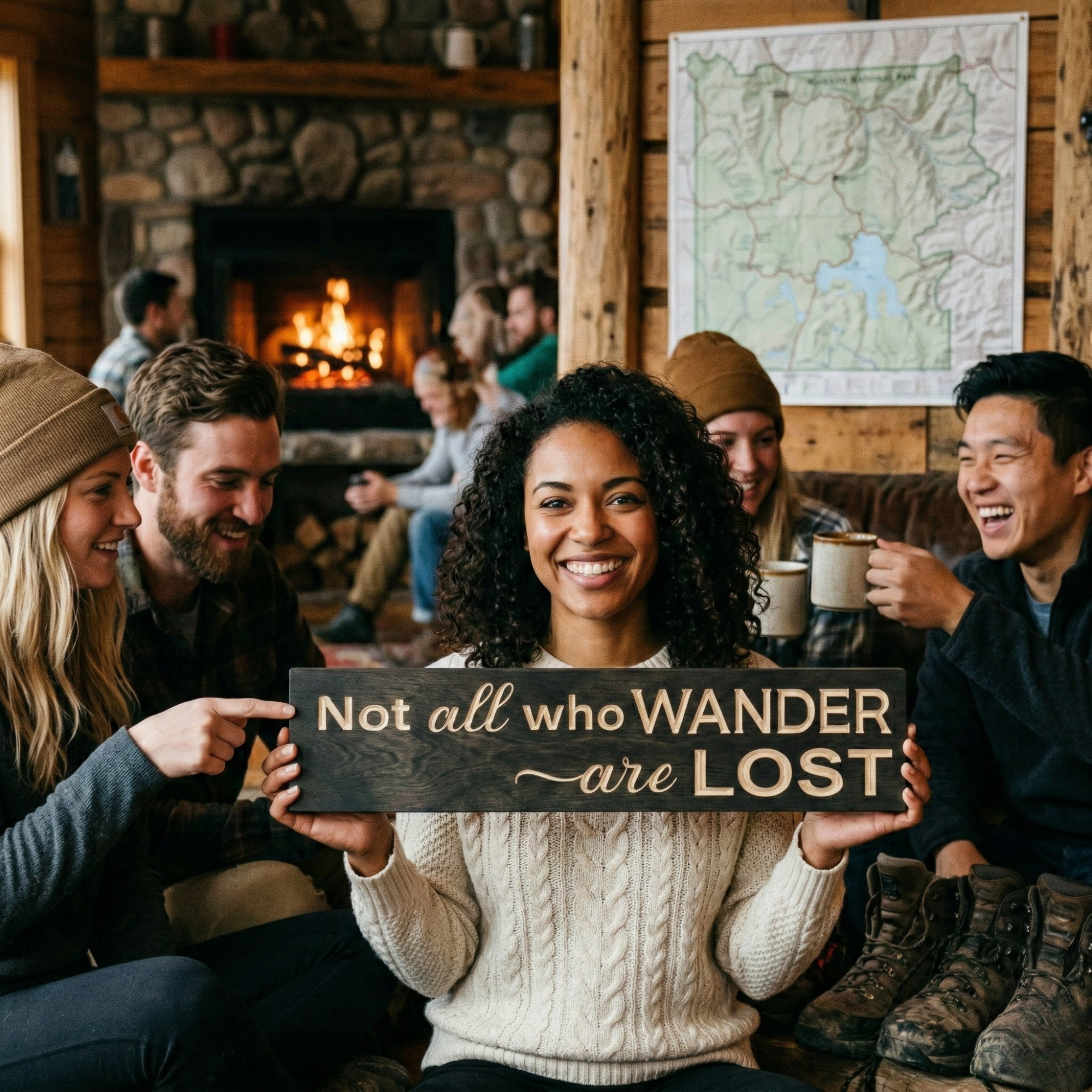 A group of friends in a cozy Kentucky cabin celebrating with a "Not all who wander are lost" hand-carved wood sign.