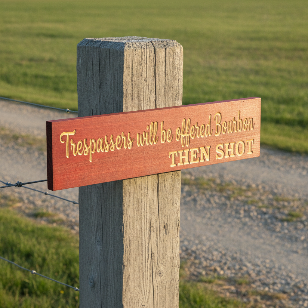 Funny No Trespassing Sign — Trespassers Offered Bourbon — styled in room — Bluegrass Gifts