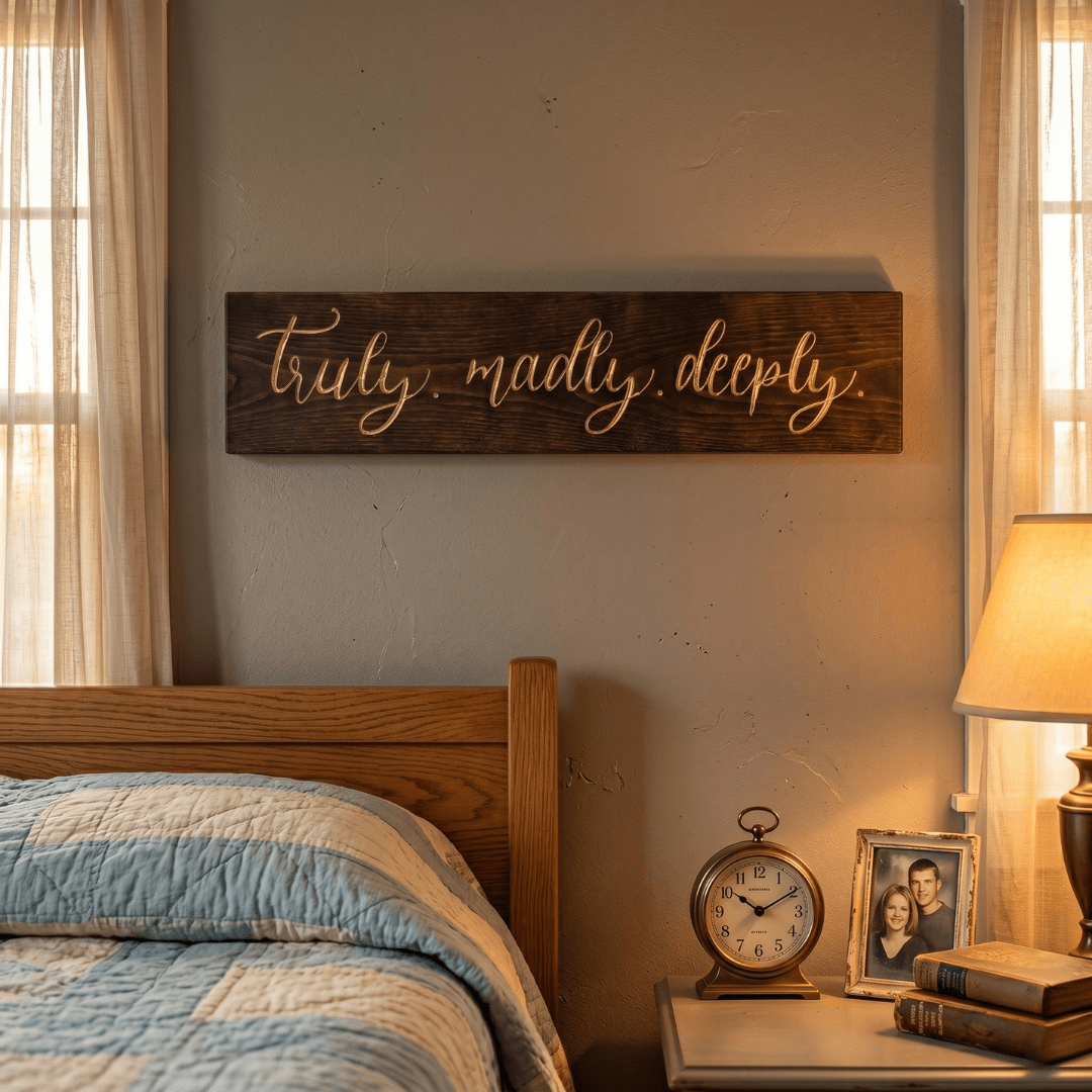 Truly Madly Deeply carved wood sign displayed above a wooden bed with a blue quilt, vintage clock, and couples photo in a warm sunlit romantic bedroom