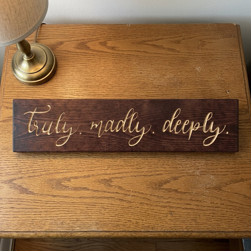 A close-up view of the Truly Madly Deeply Sign resting on a wooden nightstand next to a lamp from Bluegrass Gifts