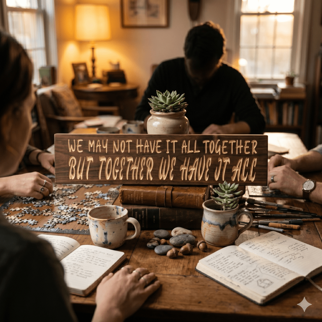 We May Not Have It All Together But Together We Have It All carved wood sign displayed on a cozy evening table with a couple working a puzzle, journals, succulents, and warm lamplight