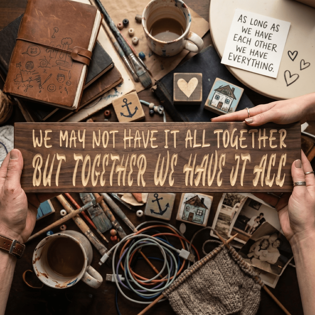 Couple wearing rings holding the We May Not Have It All Together carved wood sign over a cozy table scattered with journals, coffee mugs, family photos, and handmade keepsakes