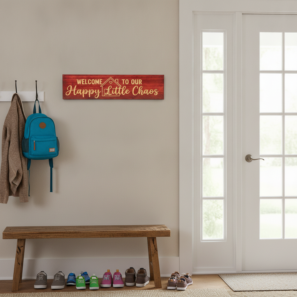 Welcome Door Sign — Welcome To Our Happy Little Chaos — styled in room — Bluegrass Gifts