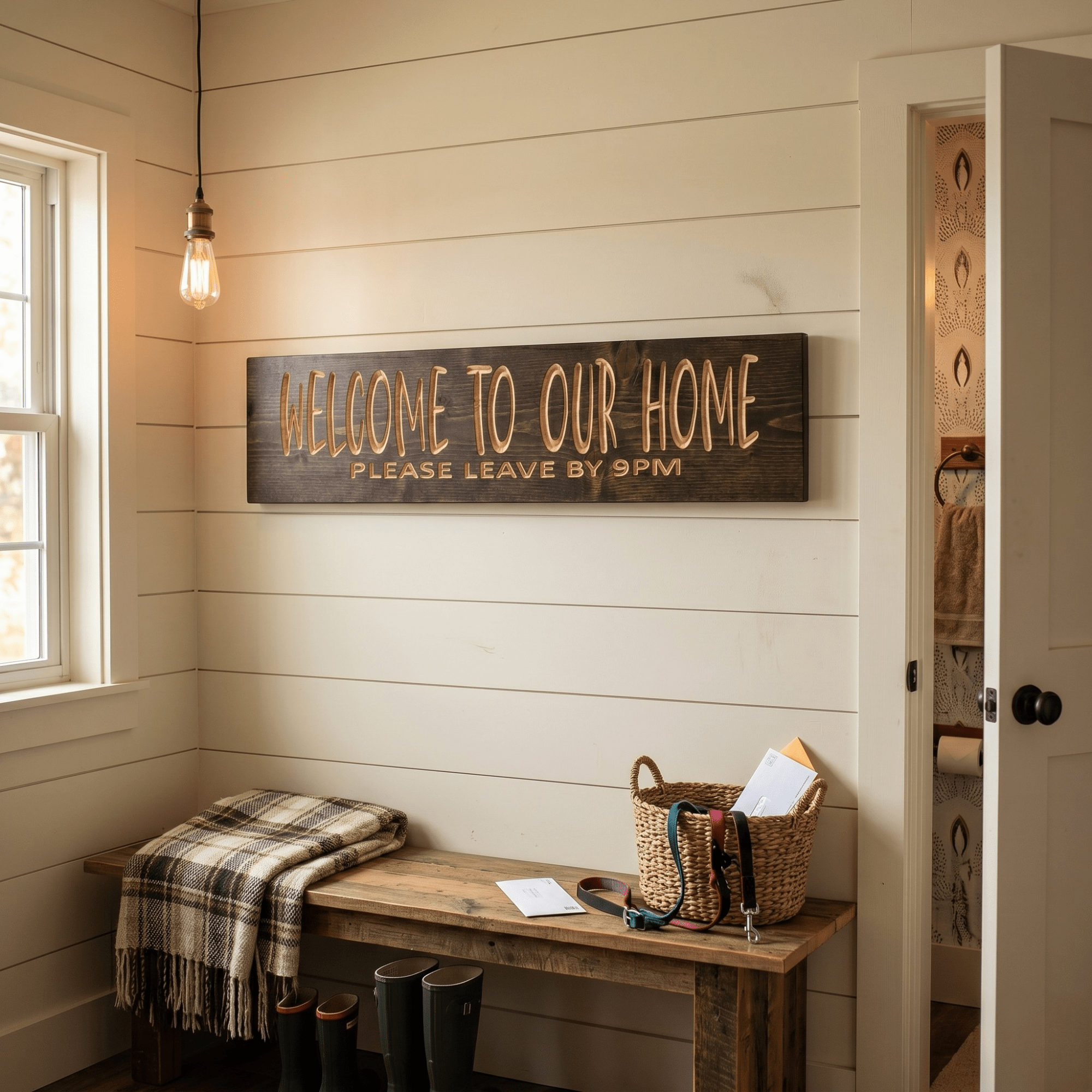 Funny Welcome to Our Home Please Leave by 9PM wood sign hanging on shiplap wall above reclaimed bench in farmhouse entryway