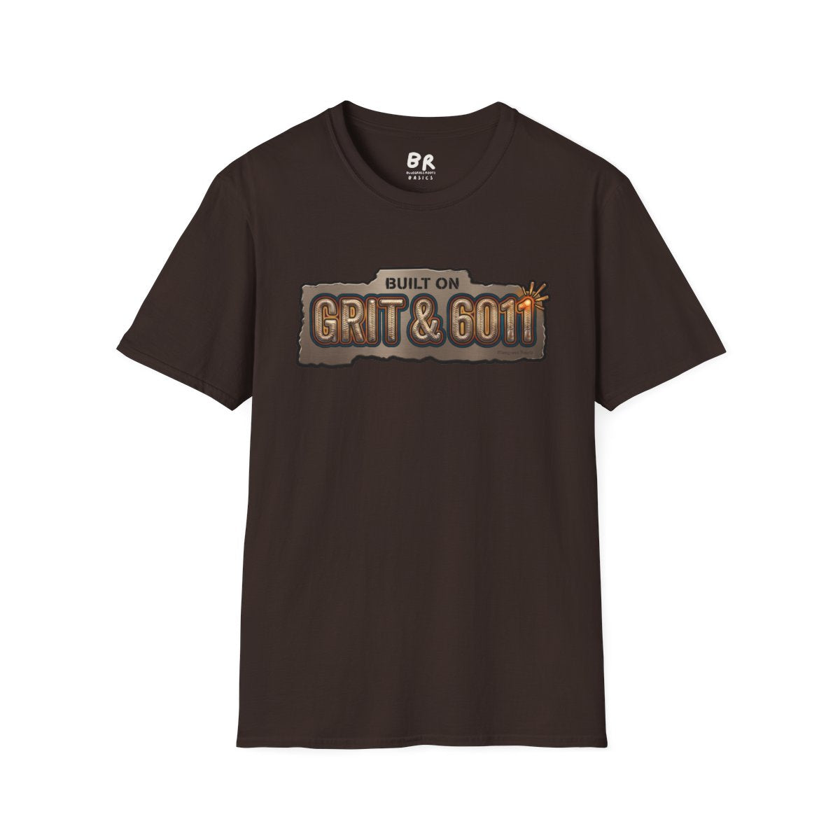 A brown Welding Shirt - Built on Grit & 6011 is presented flat on a white background, showing the front design
