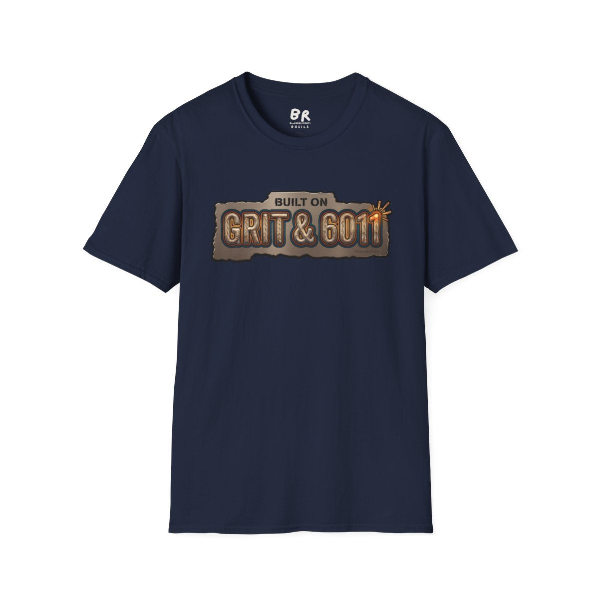 A flat lay of a navy blue Welding Shirt - Built on Grit & 6011, featuring the graphic prominently on a white background