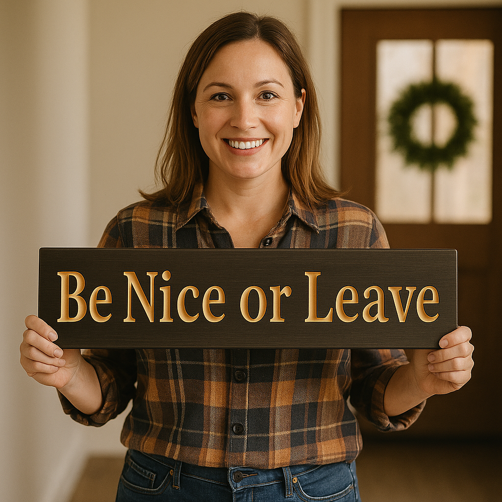 Woman holding “Be Nice or Leave” wooden sign – handmade CNC-carved home décor made in USA
