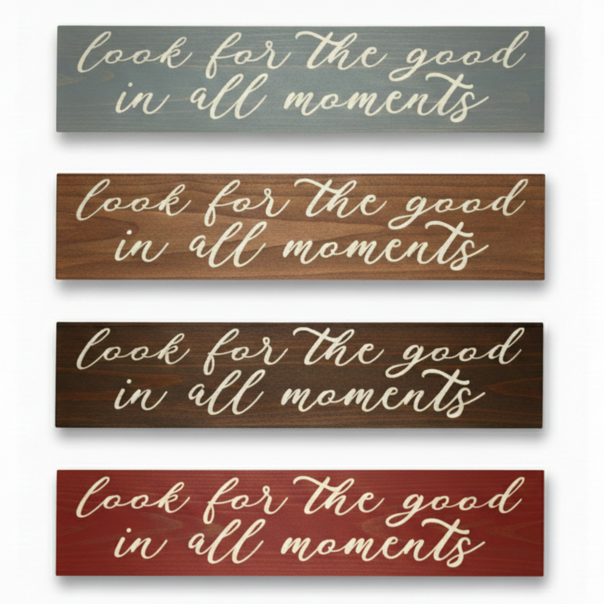 A comparison of four different stain finishes—Gray, Early American, Dark Walnut, and Barn Red—for the Bluegrass Gifts carved sign.