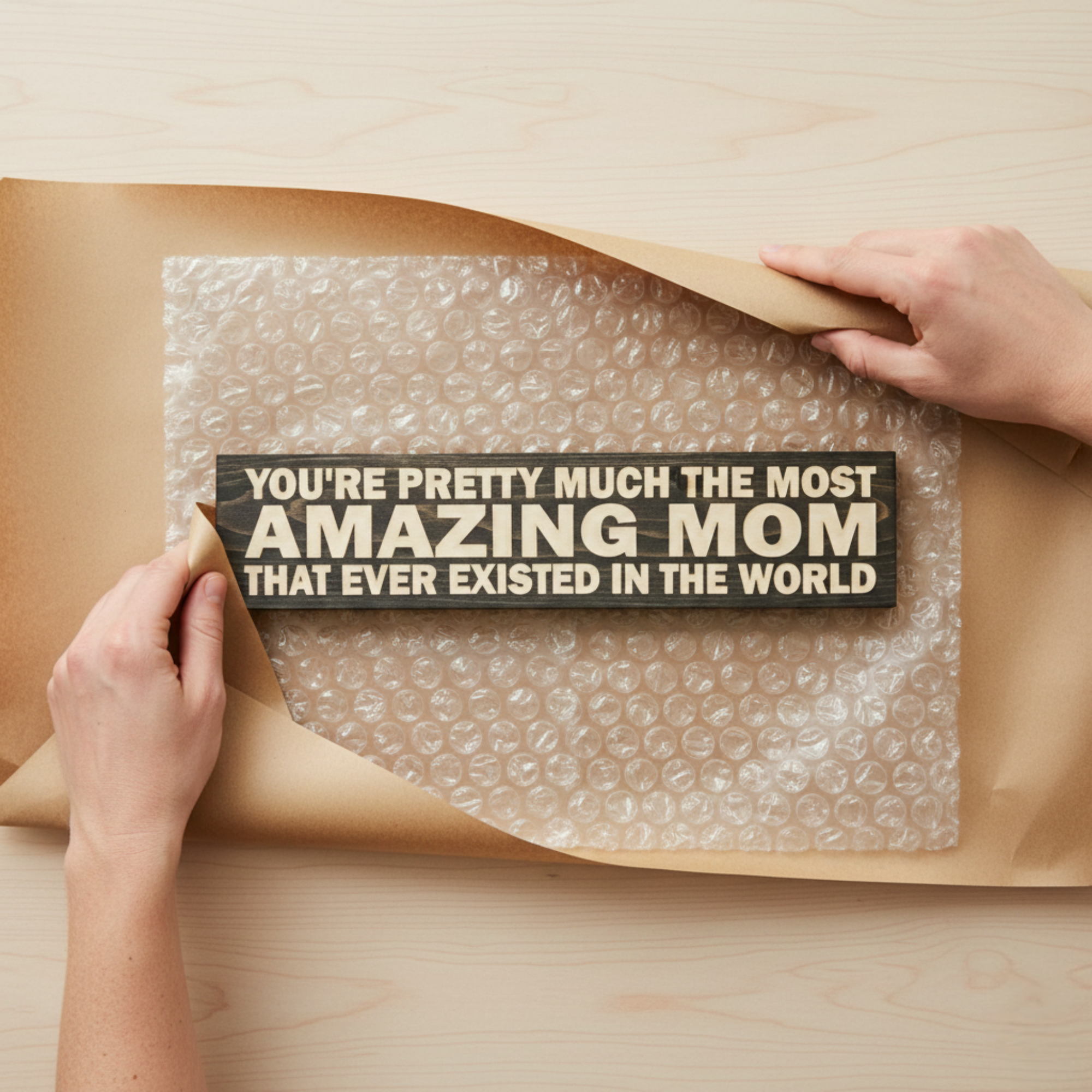 Hands wrapping an amazing mom carved wood sign in bubble wrap and kraft paper for secure shipping.