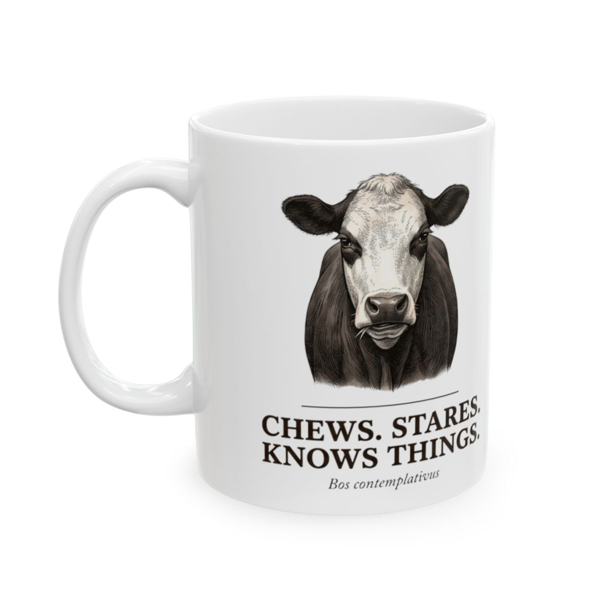 Cow Coffee Mug — "Chews. Stares. Knows Things." Vintage Engraved Black Baldy Mug