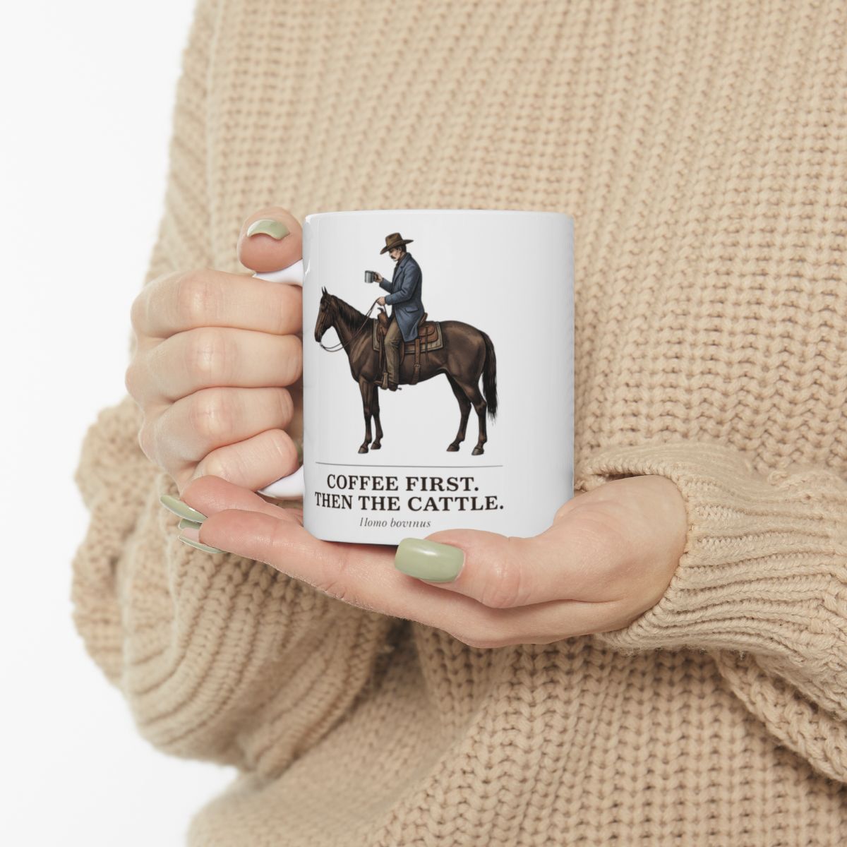 Cowboy Coffee Mug — "Coffee First. Then the Cattle." Vintage Engraved Horseback Mug