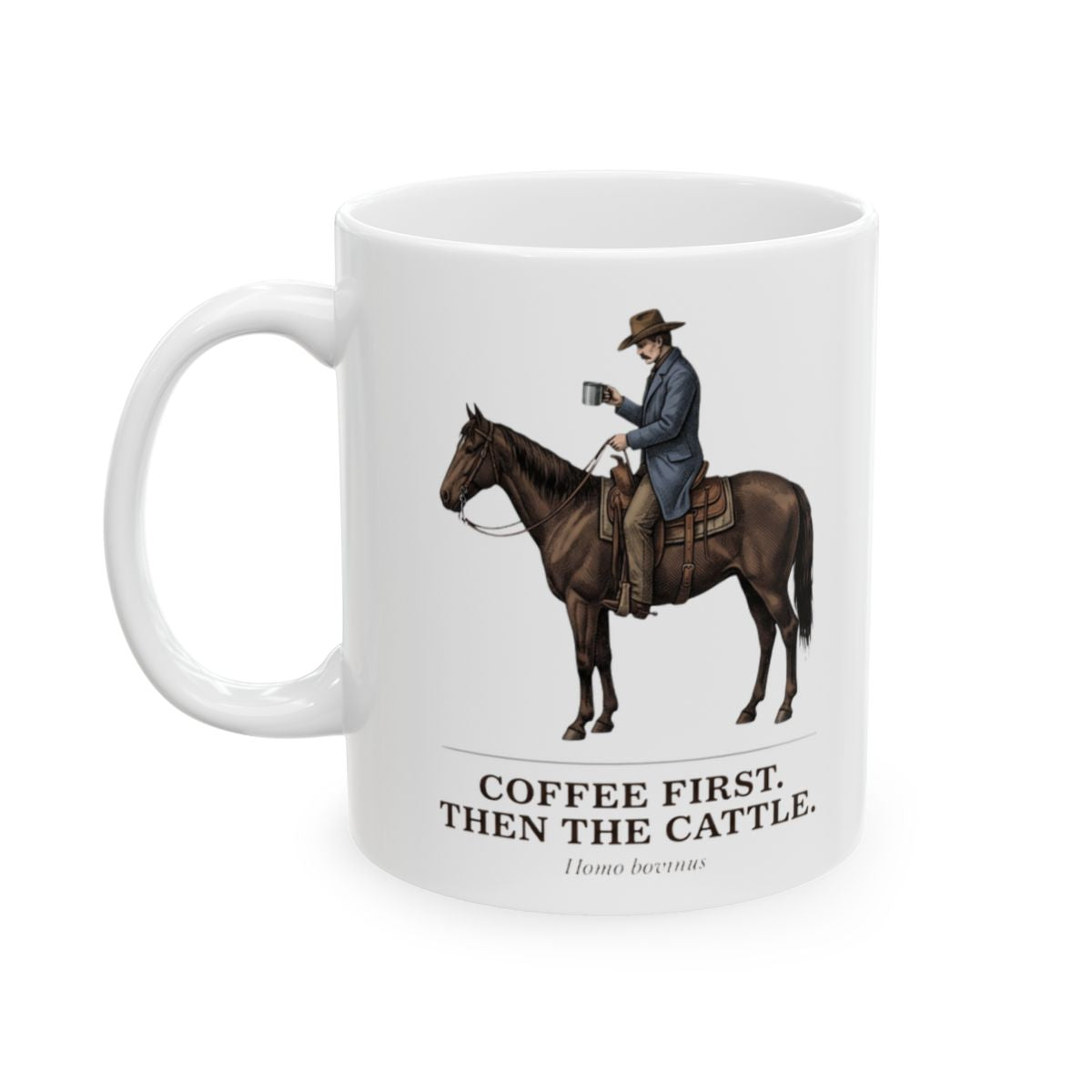 Front view of the white Cowboy Coffee Mug featuring a cowboy on horseback, isolated on a plain white background from Bluegrass Gifts
