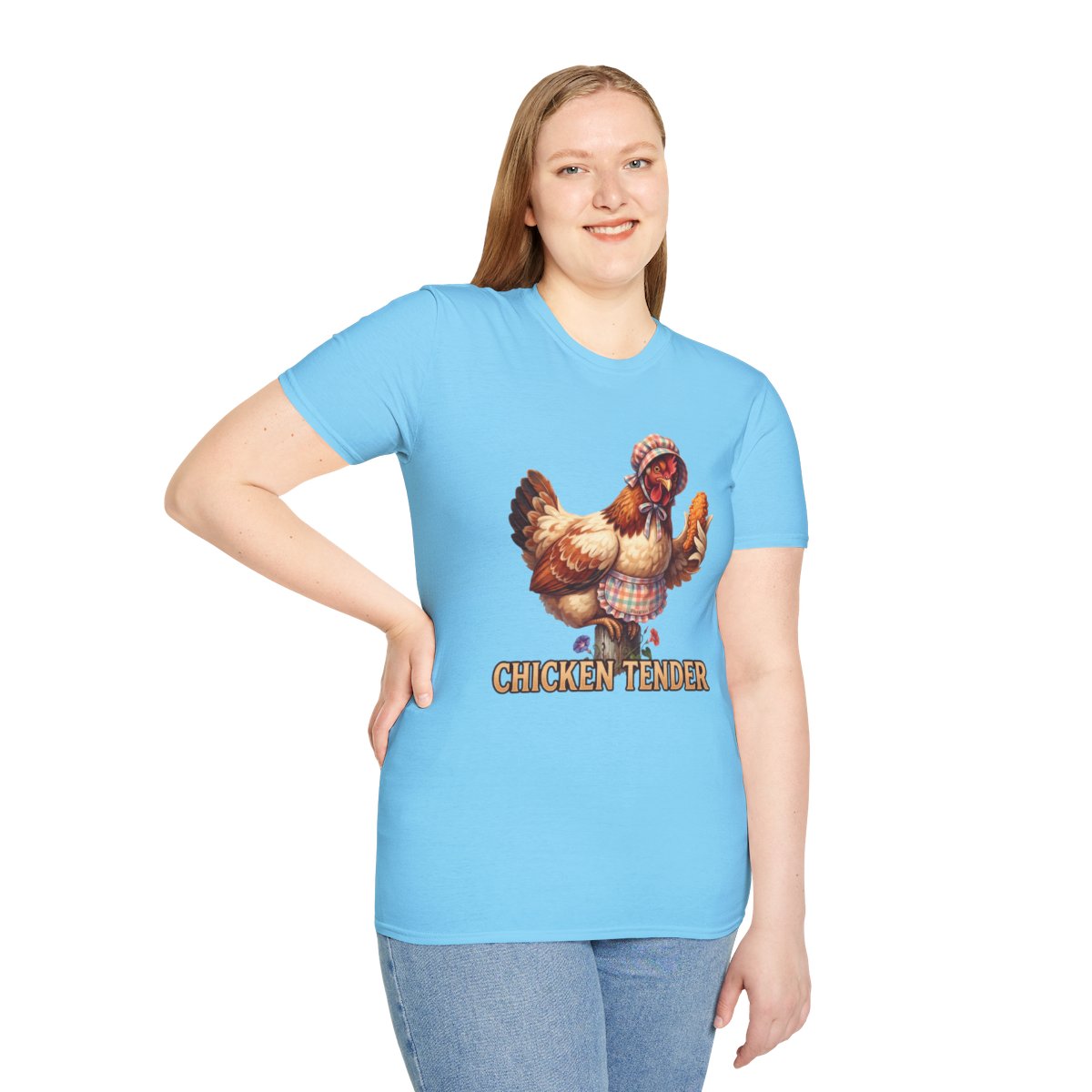 A woman stands with her hand on her hip, wearing a form-fitting light blue Chicken T Shirt - Chicken Tender