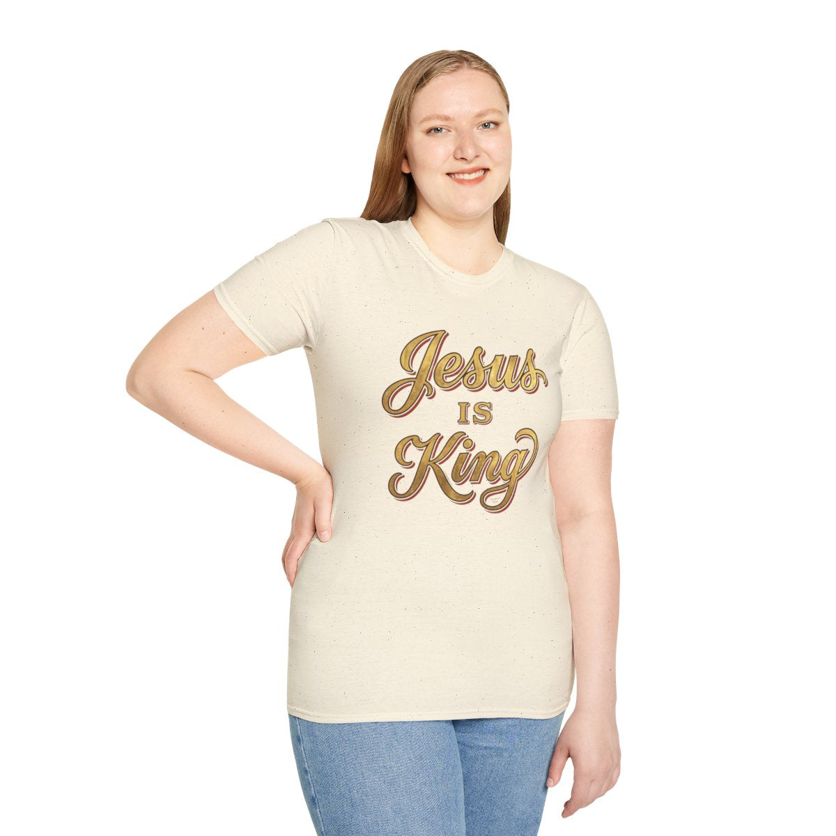 Jesus Is King Shirt — Gold Leaf Script Christian Tee in Natural