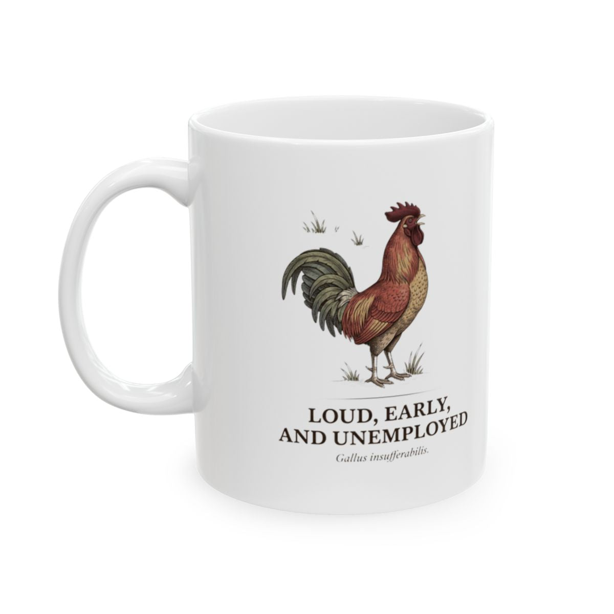 A white Rooster Coffee Mug featuring a vintage rooster illustration and humorous text, isolated on a clean background from Bluegrass Gifts