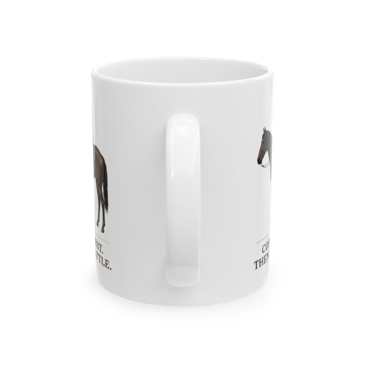 Side view of the white Cowboy Coffee Mug, showing the handle and partial designs on both sides against a white background