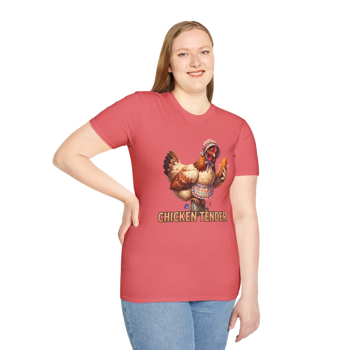 A woman with long blonde hair smiles, wearing a coral Chicken T Shirt - Chicken Tender, hand on hip,