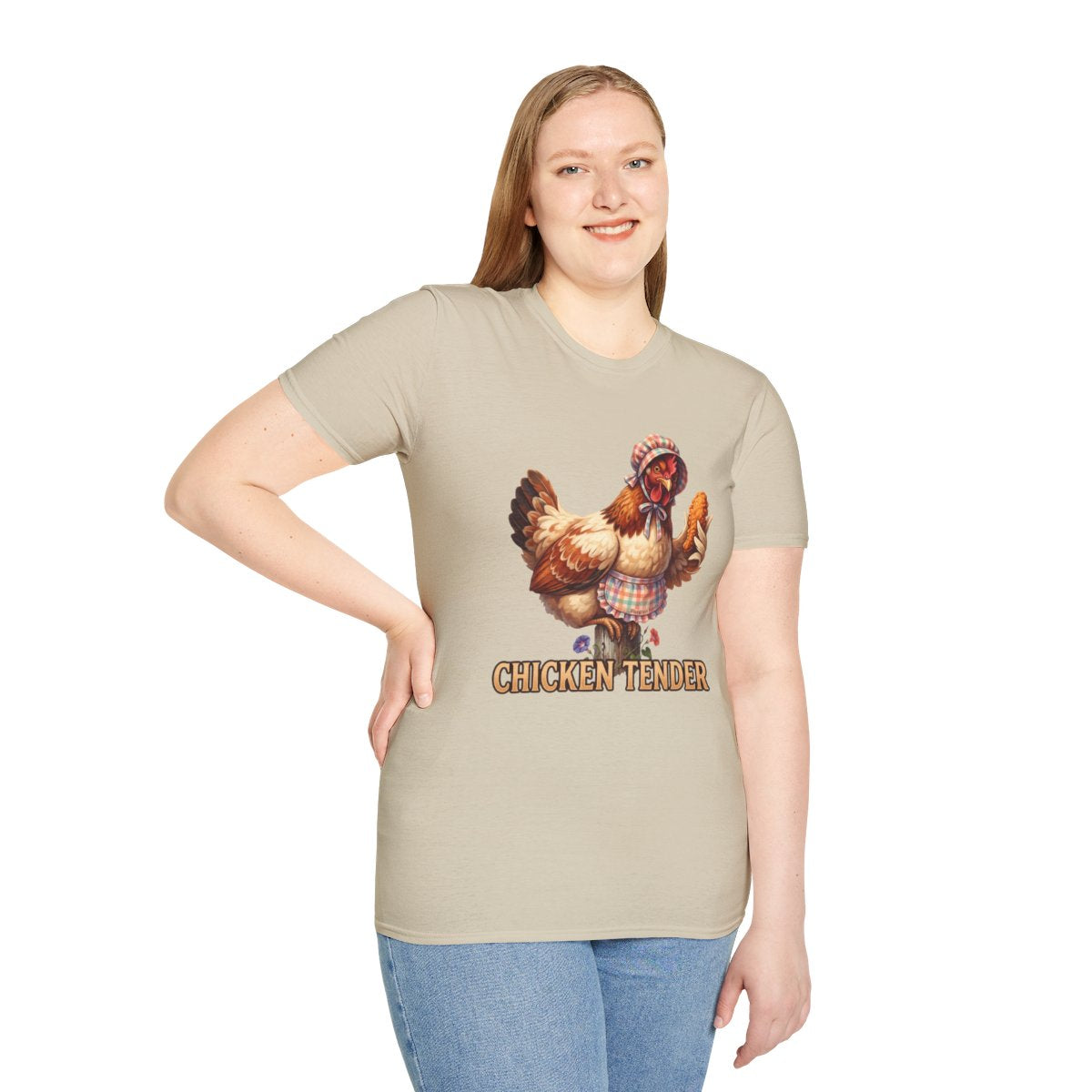 A woman in a beige Chicken T Shirt - Chicken Tender tee stands with a hand on her hip, smiling brightly