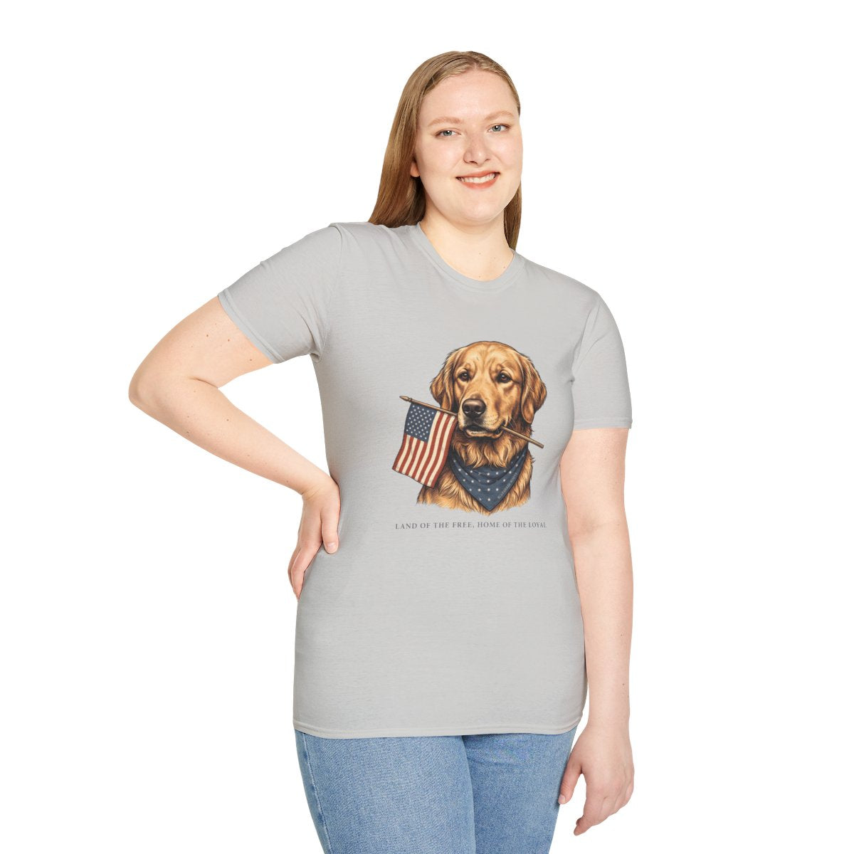 Patriotic Shirt for Women — Golden Retriever Flag Tee in Ice Grey