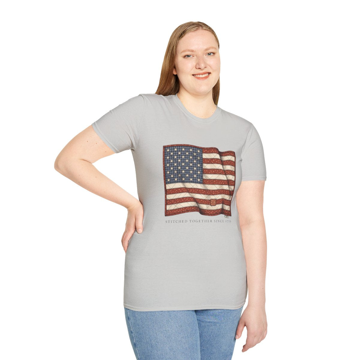 American Flag Shirt for Women — Quilted Heirloom Flag Tee in Ice Grey