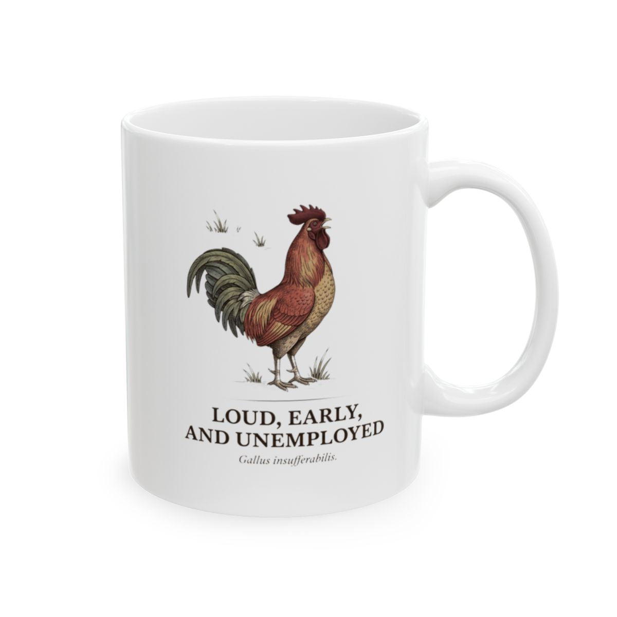A white Rooster Coffee Mug with the rooster illustration and text, presented at a slight angle on a bright white surface
