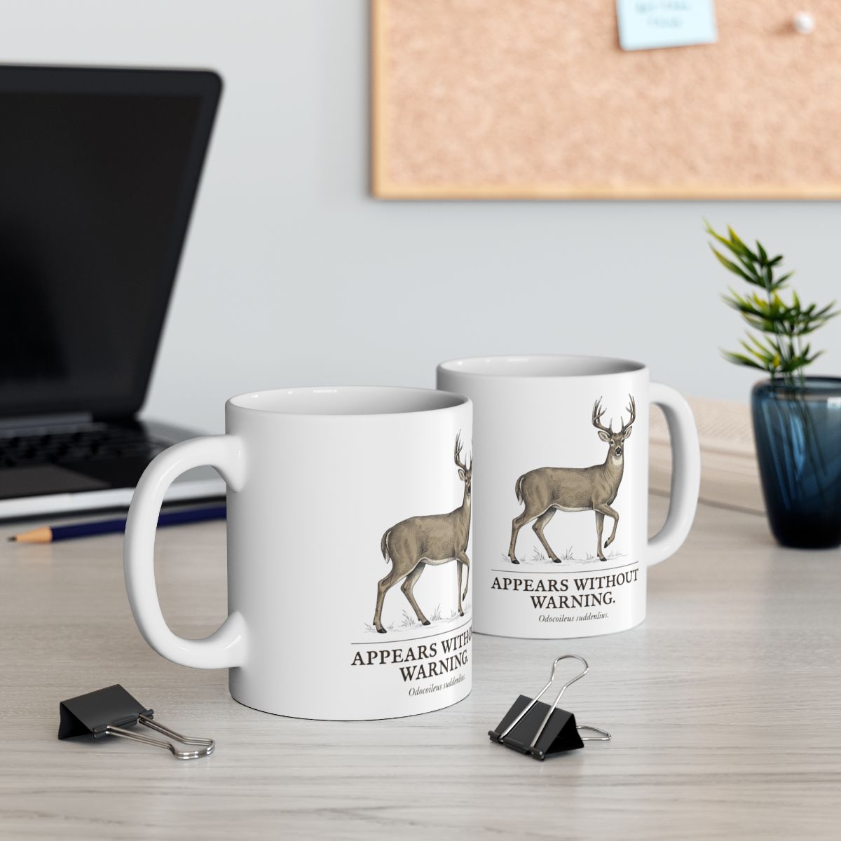 Deer Coffee Mug — "Appears Without Warning" Vintage Engraved Whitetail Buck Mug