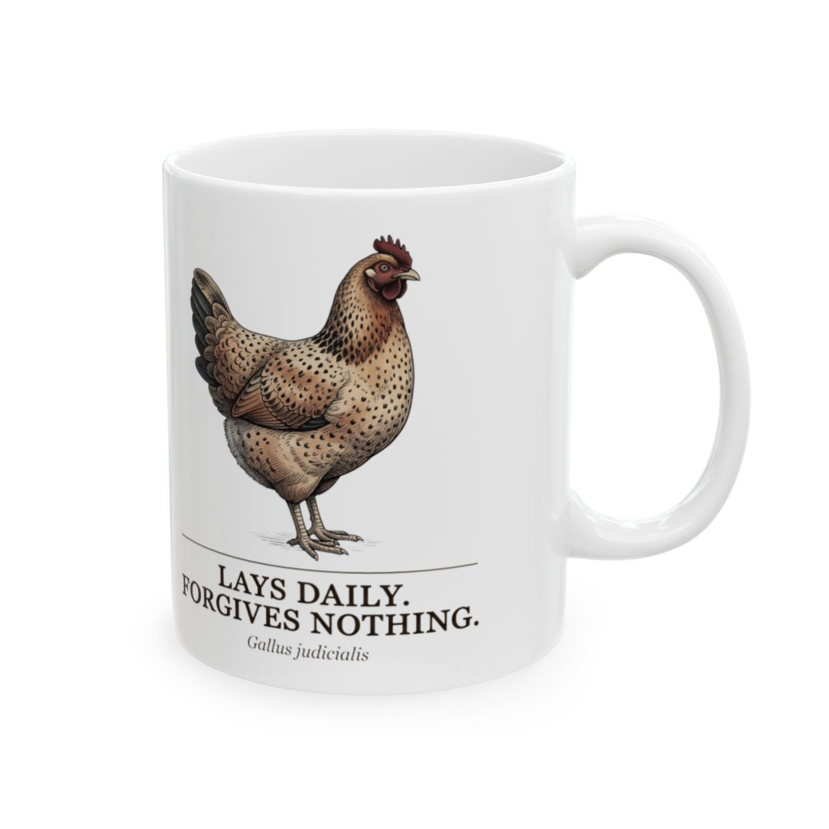 Chicken Coffee Mug — "Lays Daily. Forgives Nothing." Vintage Field Plate Hen Mug