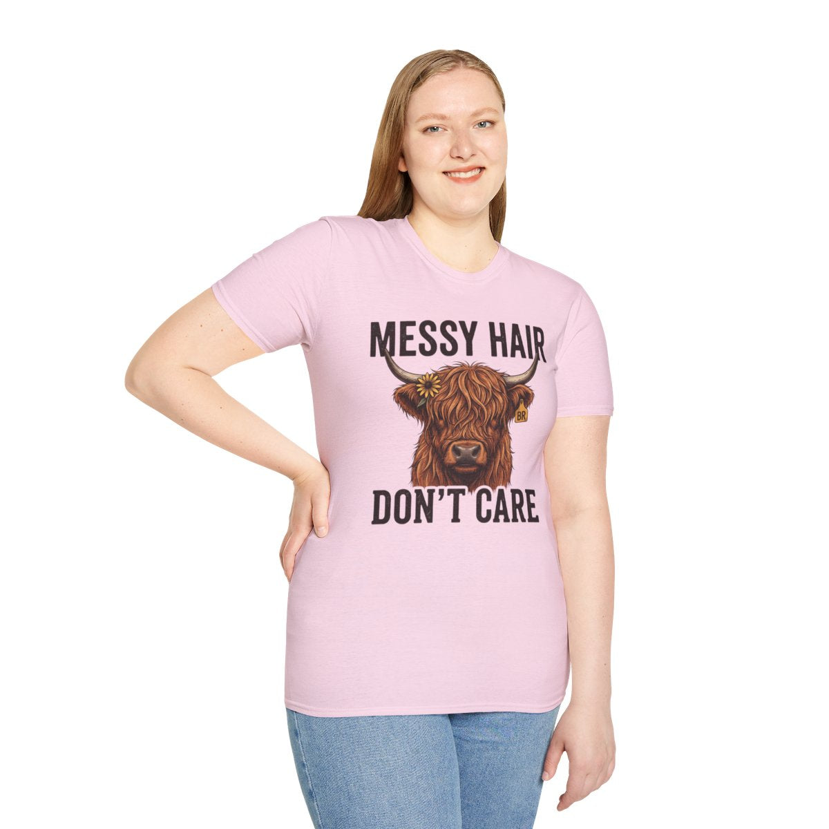 Highland Cow Shirt — "Messy Hair Don't Care" Graphic Tee in Light Pink