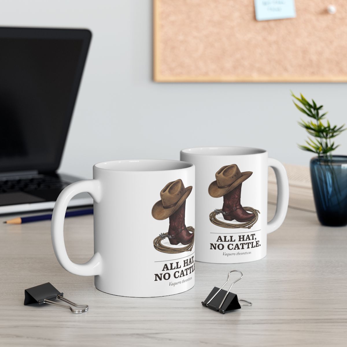 Western Coffee Mug — "All Hat, No Cattle" Vintage Engraved Boot & Hat Mug