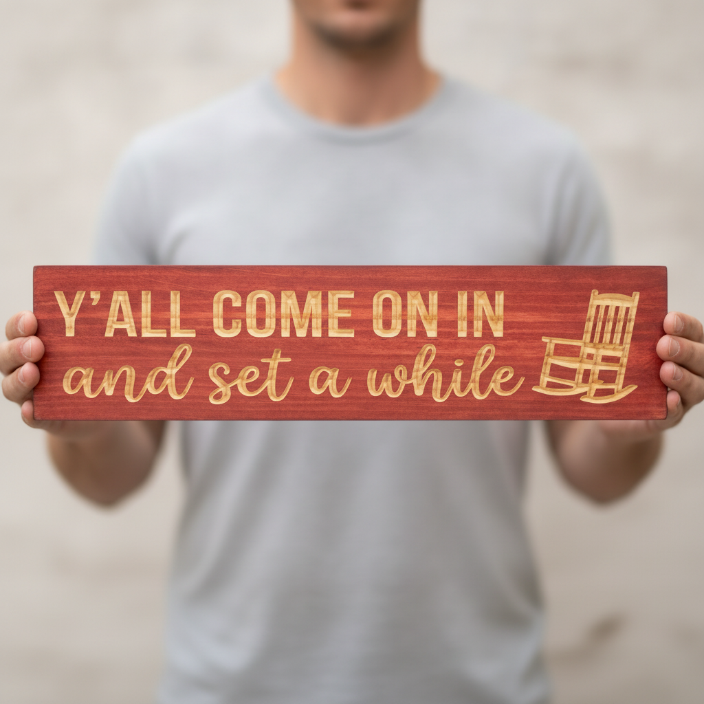 Wood Porch Sign — Y'all Come On In And Set A While — shown to scale, held — Bluegrass Gifts