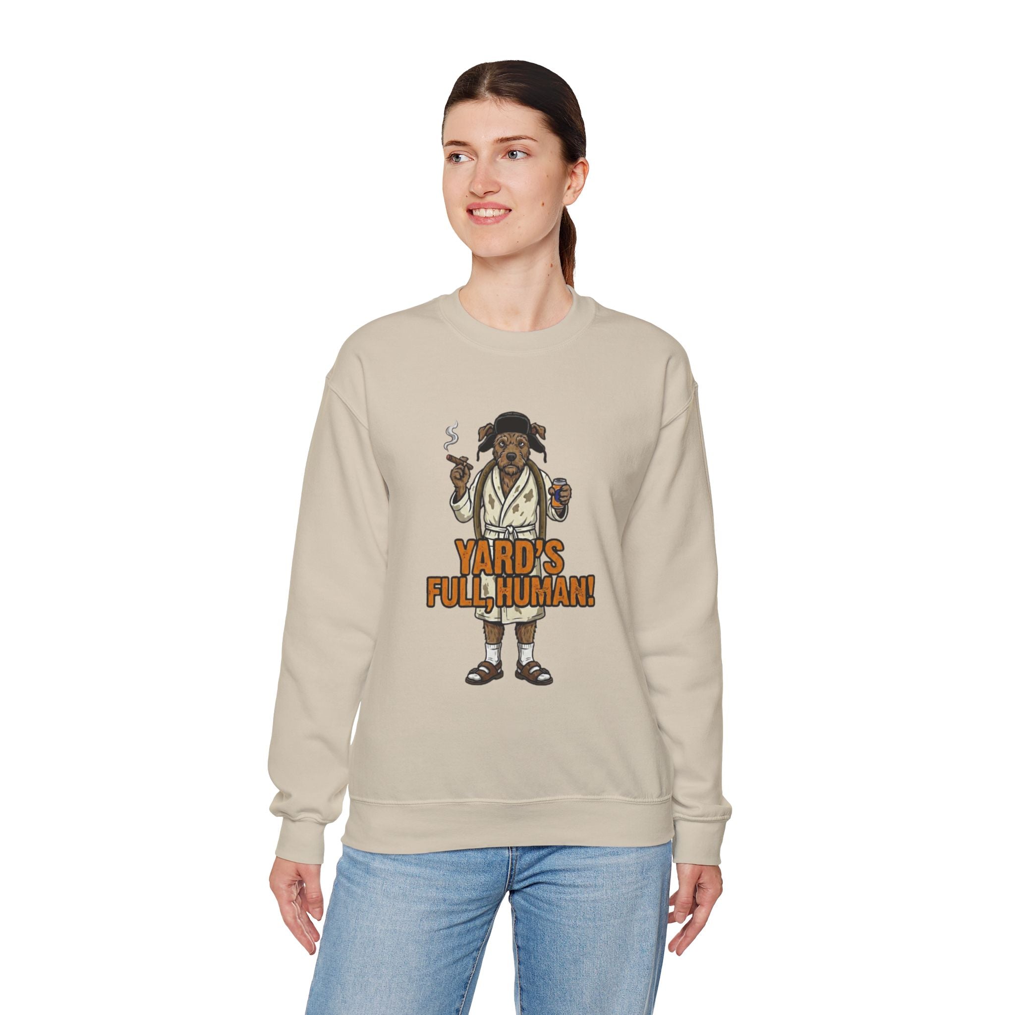 Yards Full, Human: The Dog Owner Holiday Crewneck Graphic Tee - crewneck sweatshirt back view by Bluegrass Gifts