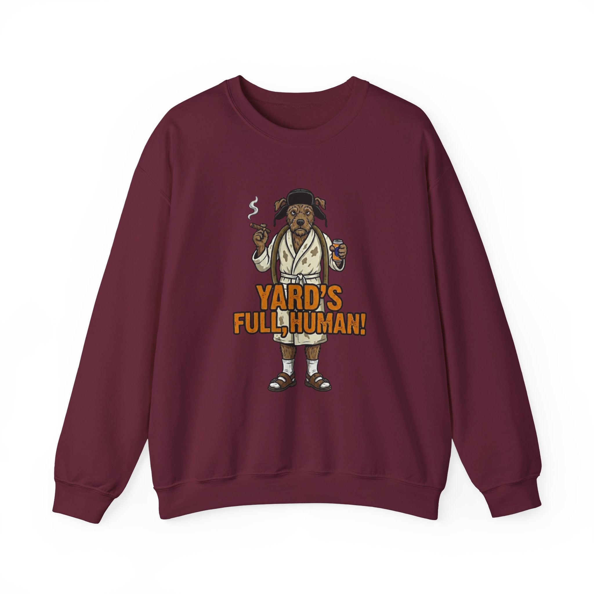 Yards Full, Human: The Dog Owner Holiday Crewneck Graphic - crewneck sweatshirt flat lay with ribbed cuffs by Bluegrass Gifts