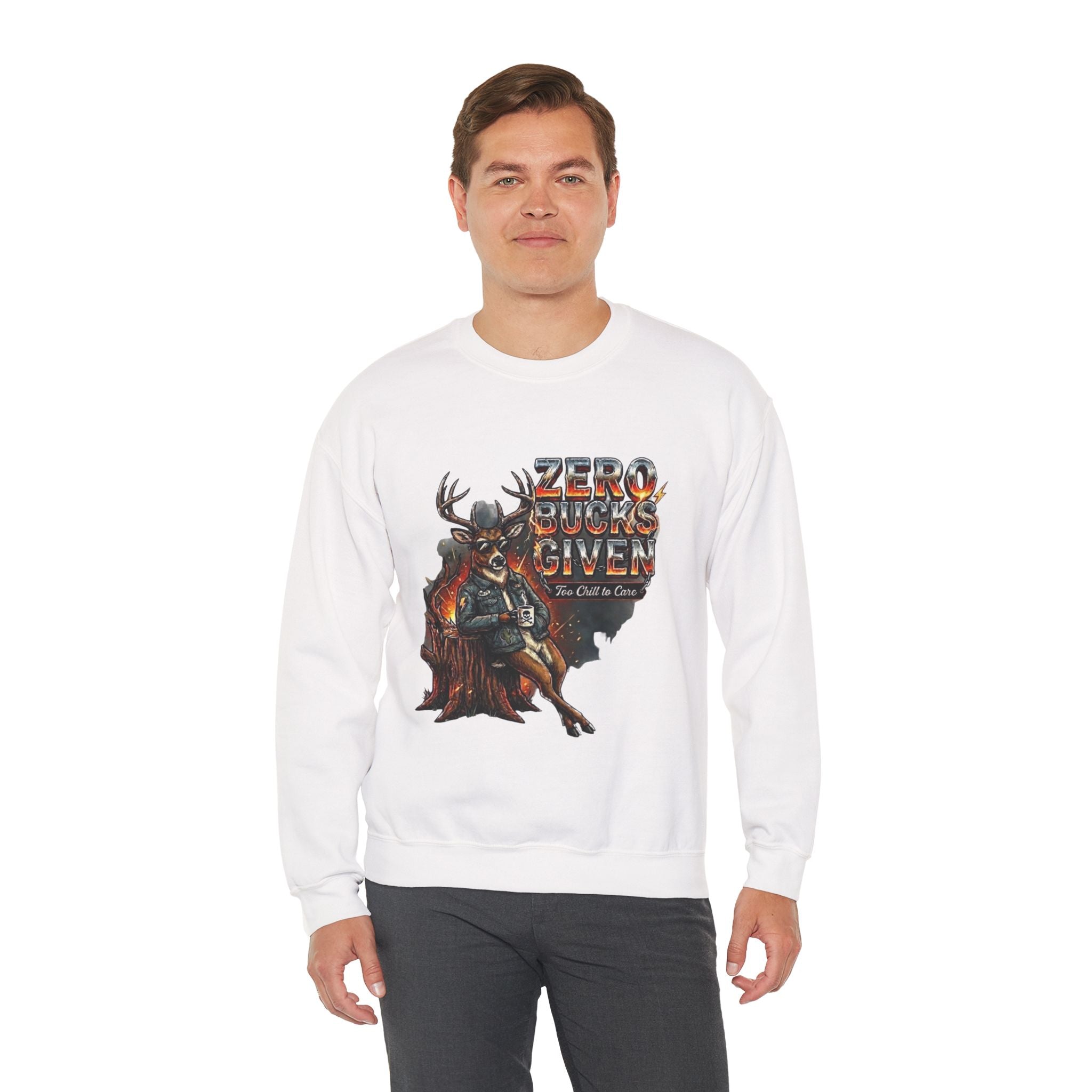 Zero Bucks Given: The Too Chill to Care Hunting Crewneck Graphic Tee - crewneck sweatshirt back view by Bluegrass Gifts