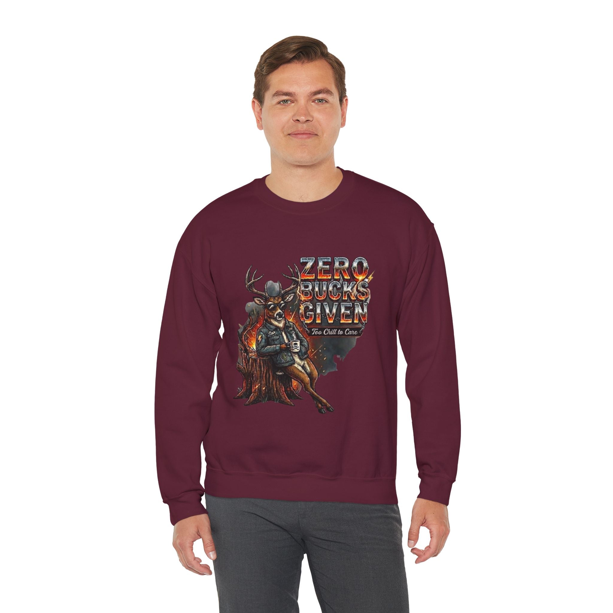 Zero Bucks Given: The Too Chill to Care Hunting Crewneck Graphic - heavyweight fleece fabric weight detail by Bluegrass Gifts