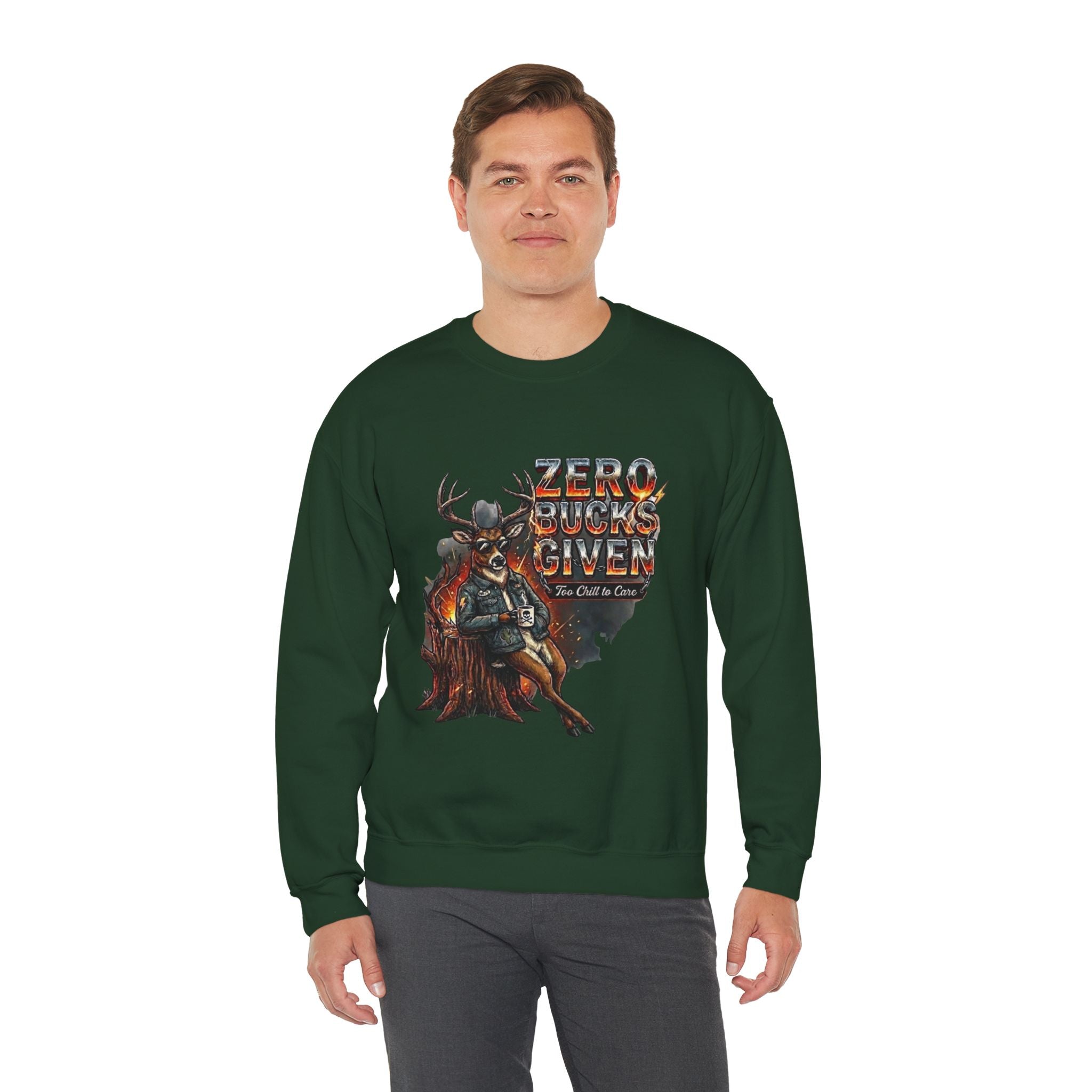 Zero Bucks Given: The Too Chill to Care Hunting Crewneck Graphic Tee - crewneck sweatshirt product mockup by Bluegrass Gifts