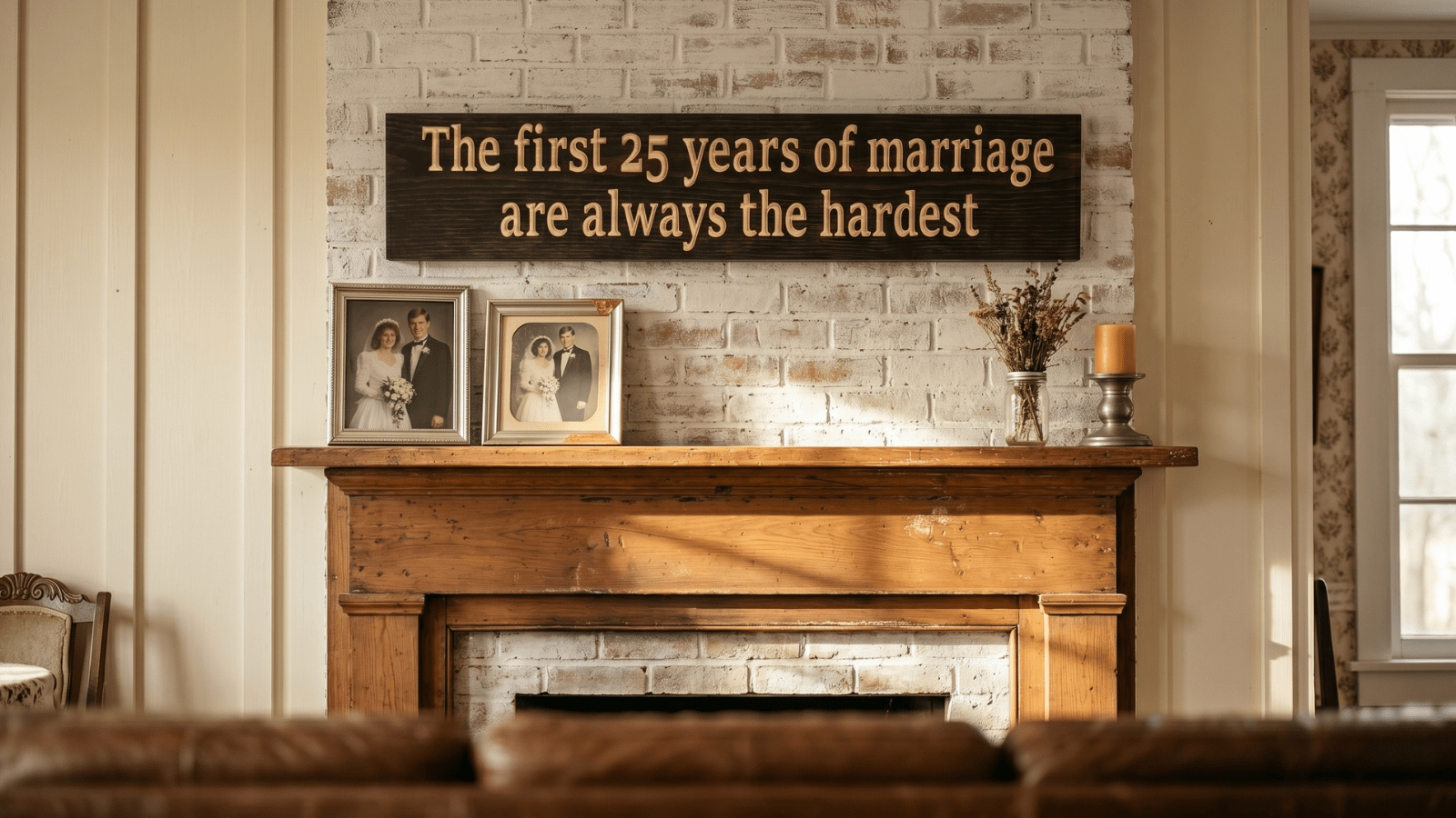 Carved hardwood sign reading '25 years of marriage is always the hardest' hung above a whitewashed brick fireplace mantle with silver-framed wedding photos, dried wildflowers in a mason jar, and a beeswax candle in a Southern dining room