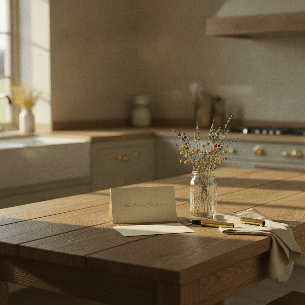A worn farmhouse table holds an open anniversary card beside a mason jar of wildflowers in soft golden morning light.