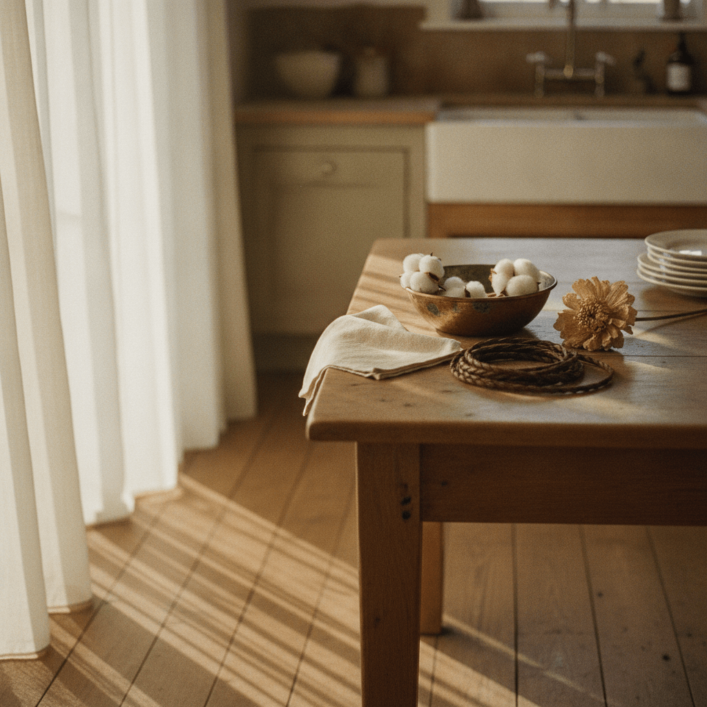 A sun-warmed farmhouse table holds a loose arrangement of symbolic anniversary meanings objects — linen cloth, a copper bowl, a cotton stem, and a leather-bound journal — bathed in soft golden morning light.
