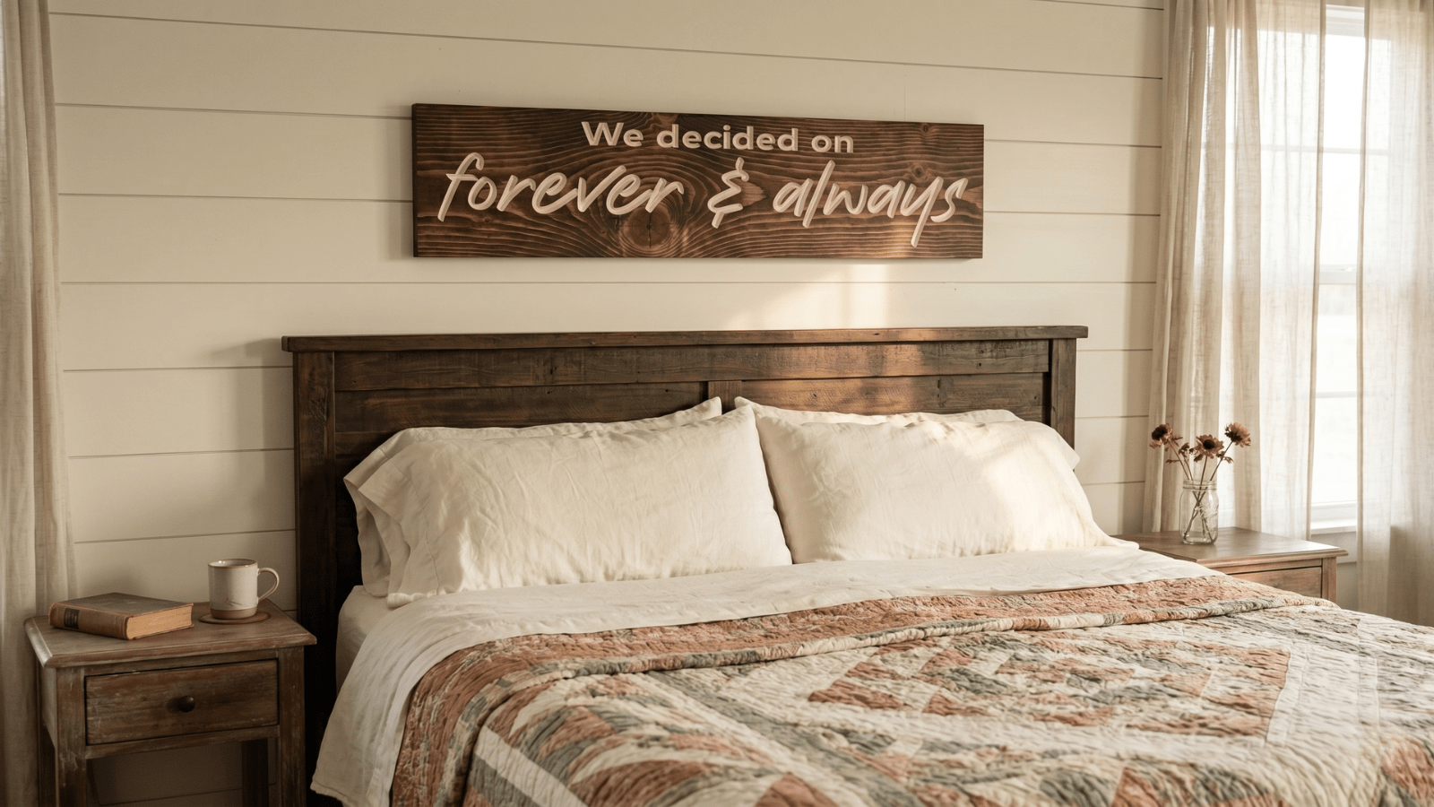 Hardwood 'We Decided On Forever & Always' sign mounted on cream shiplap above a king bed dressed in ivory linen and a hand-stitched quilt, with dried wildflowers in a mason jar on the nightstand, soft morning light, Southern farmhouse bedroom