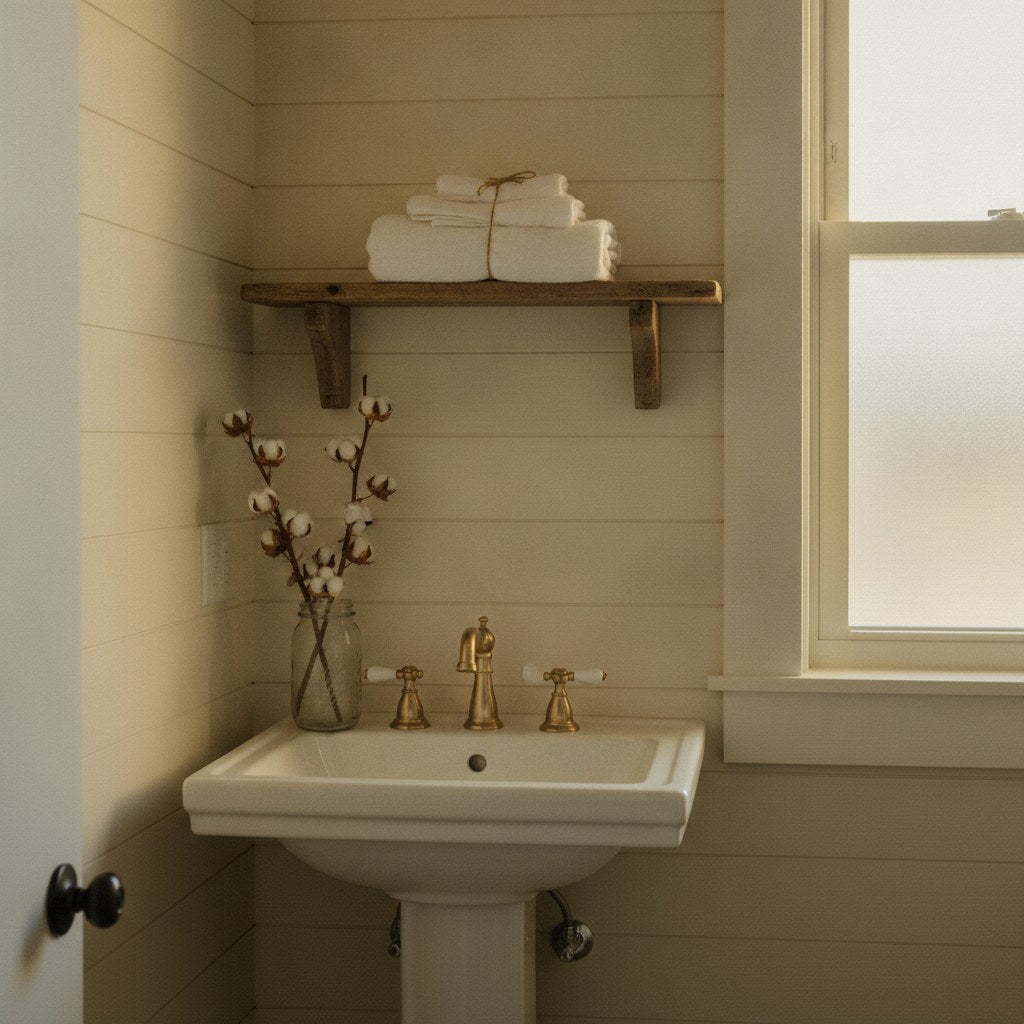 A warmly lit Southern guest bathroom with shiplap walls, a vintage porcelain sink, and folded linen towels that reflect thoughtful bathroom design.