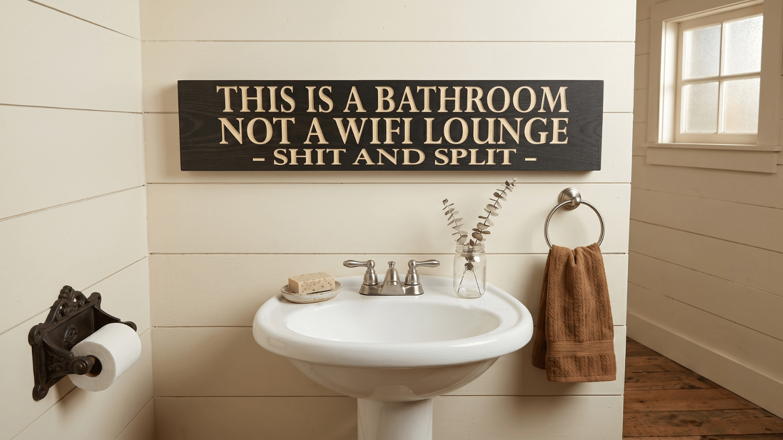 Funny wooden bathroom sign reading 'This Is a Bathroom Not a Wifi Lounge Shit and Split' mounted on cream shiplap above a white pedestal sink in a rustic farmhouse powder room with cast-iron fixtures and dried eucalyptus