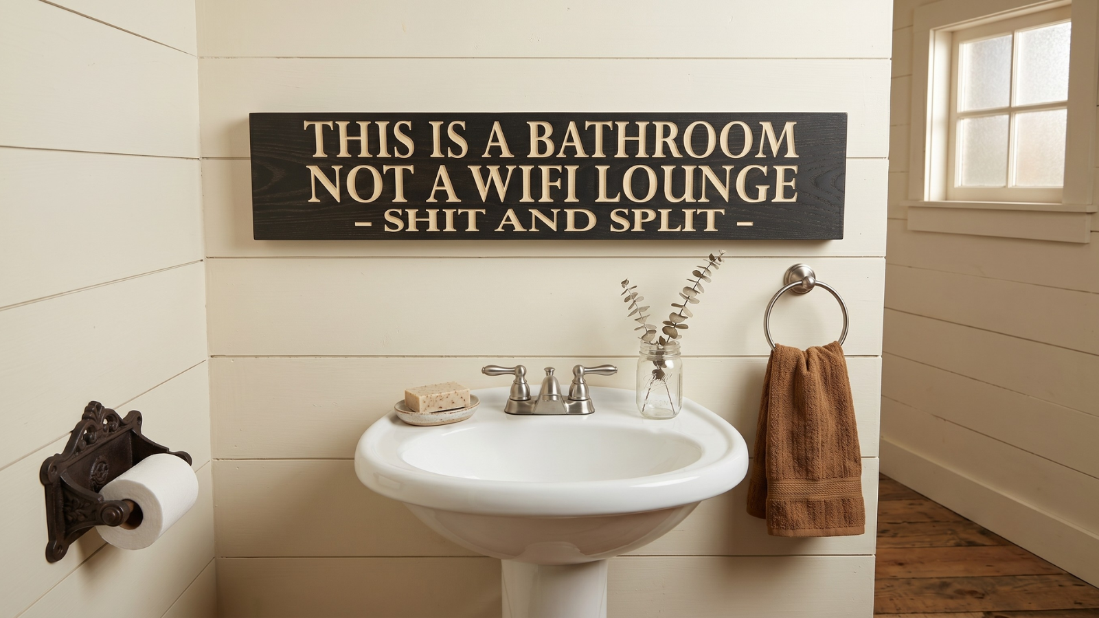 Funny wooden bathroom sign reading 'This Is a Bathroom Not a Wifi Lounge Shit and Split' mounted on cream shiplap above a white pedestal sink in a rustic farmhouse powder room with cast-iron fixtures and dried eucalyptus